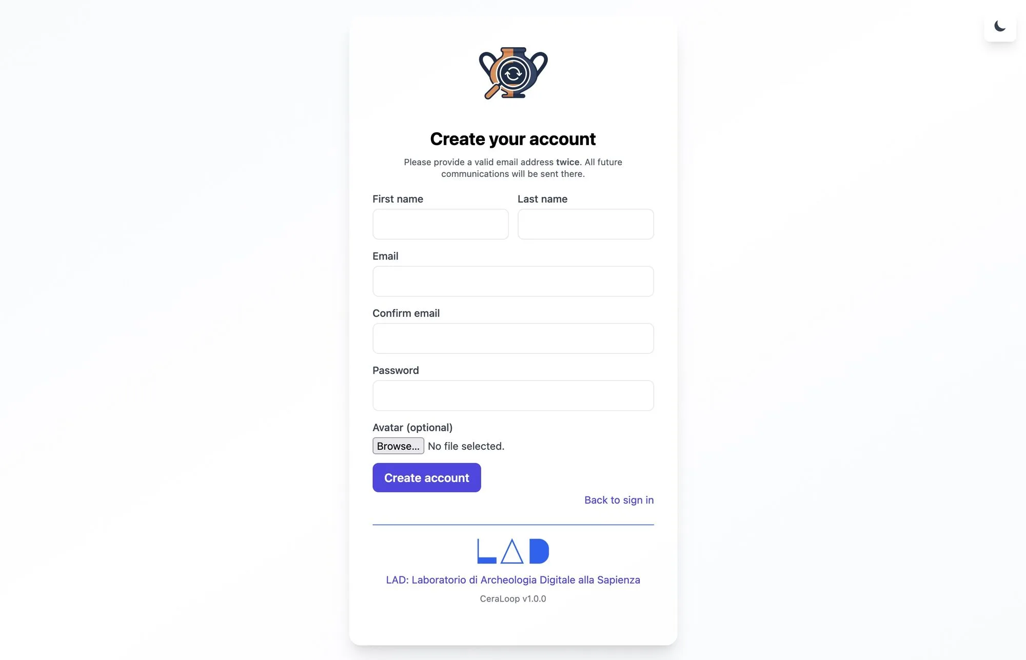 09 CeraLoop: pagina di creazione di un nuovo account